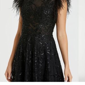 Mac Duggal Embellished Feather Cap Sleeve Bateau A Line Gown